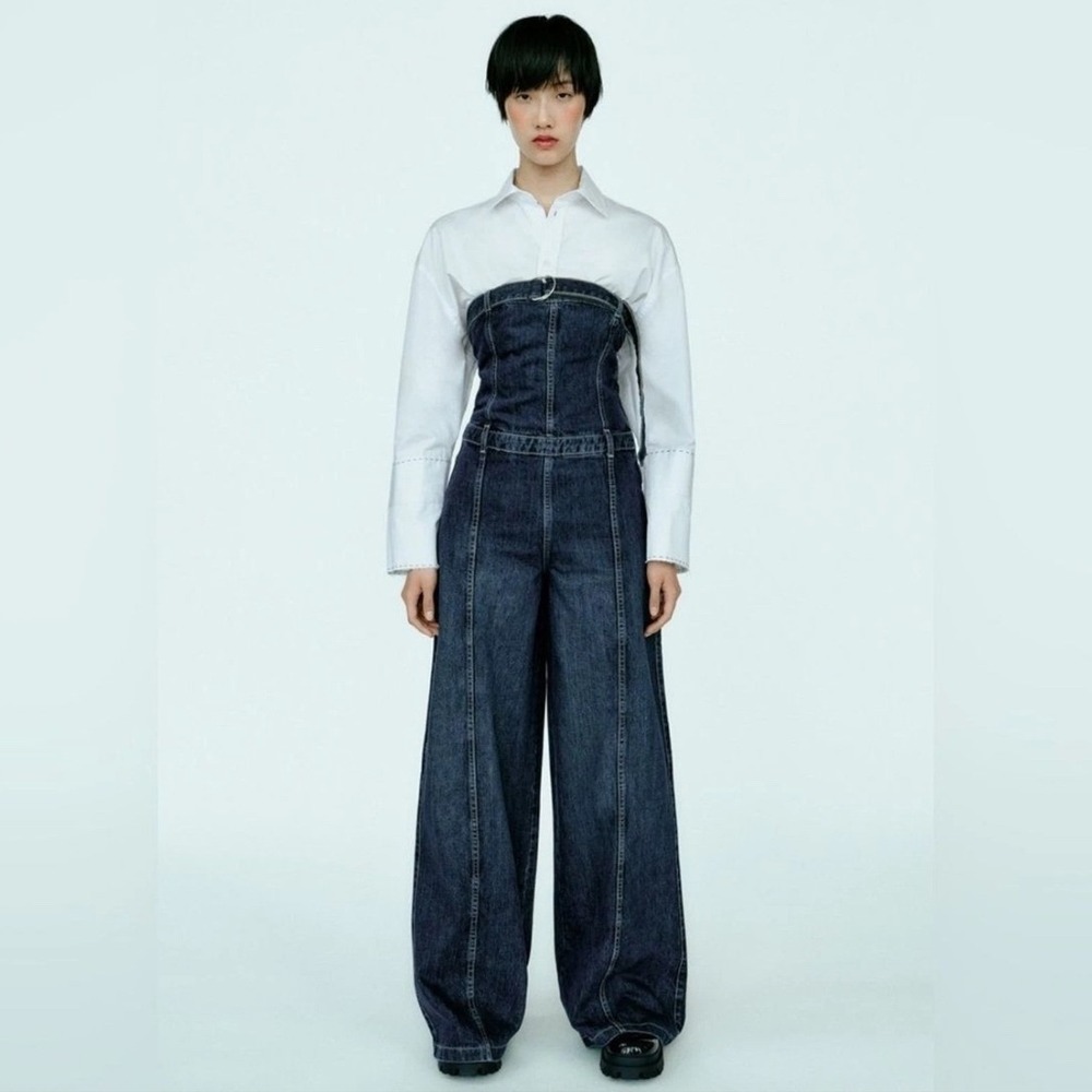 Zara Strapless Denim Jumpsuit Dark Wash Wide‎ Leg Belted Bandeau NWT Medium